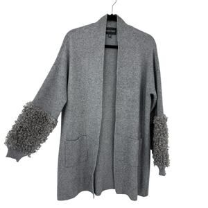 Frank Lyman Cardigan Sweater Size Large Gray Boucle knit Puff Cuffs Pockets